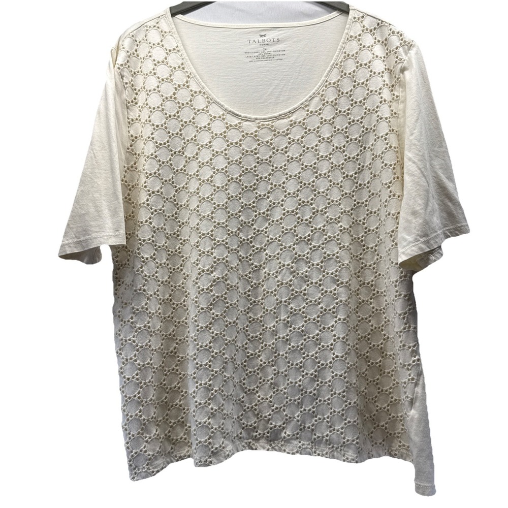 Talbots Women's Top Size 2X Plus‎ Ivory Short Sleeve Lined Pullover Cotton Blend